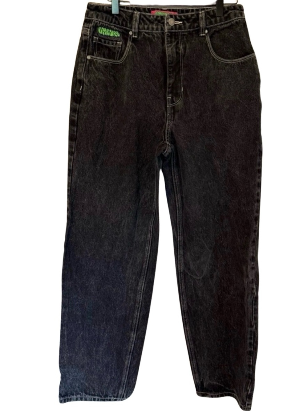 Empyre Wide Leg Black Washed Jeans with Green & Pink Logo Patch Size 6 Women’s